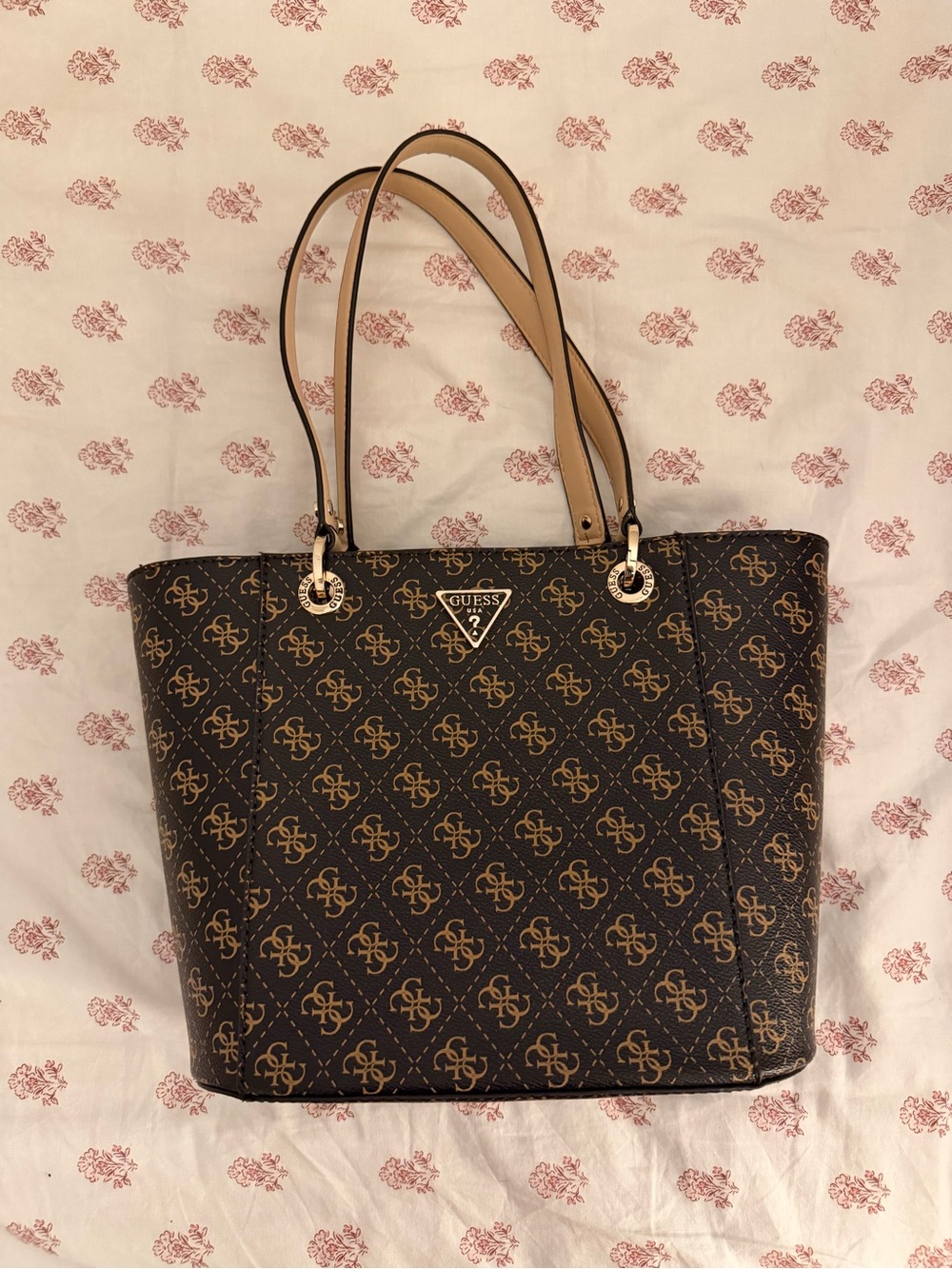 GUESS Brown Monogram Tote with Tan Handles